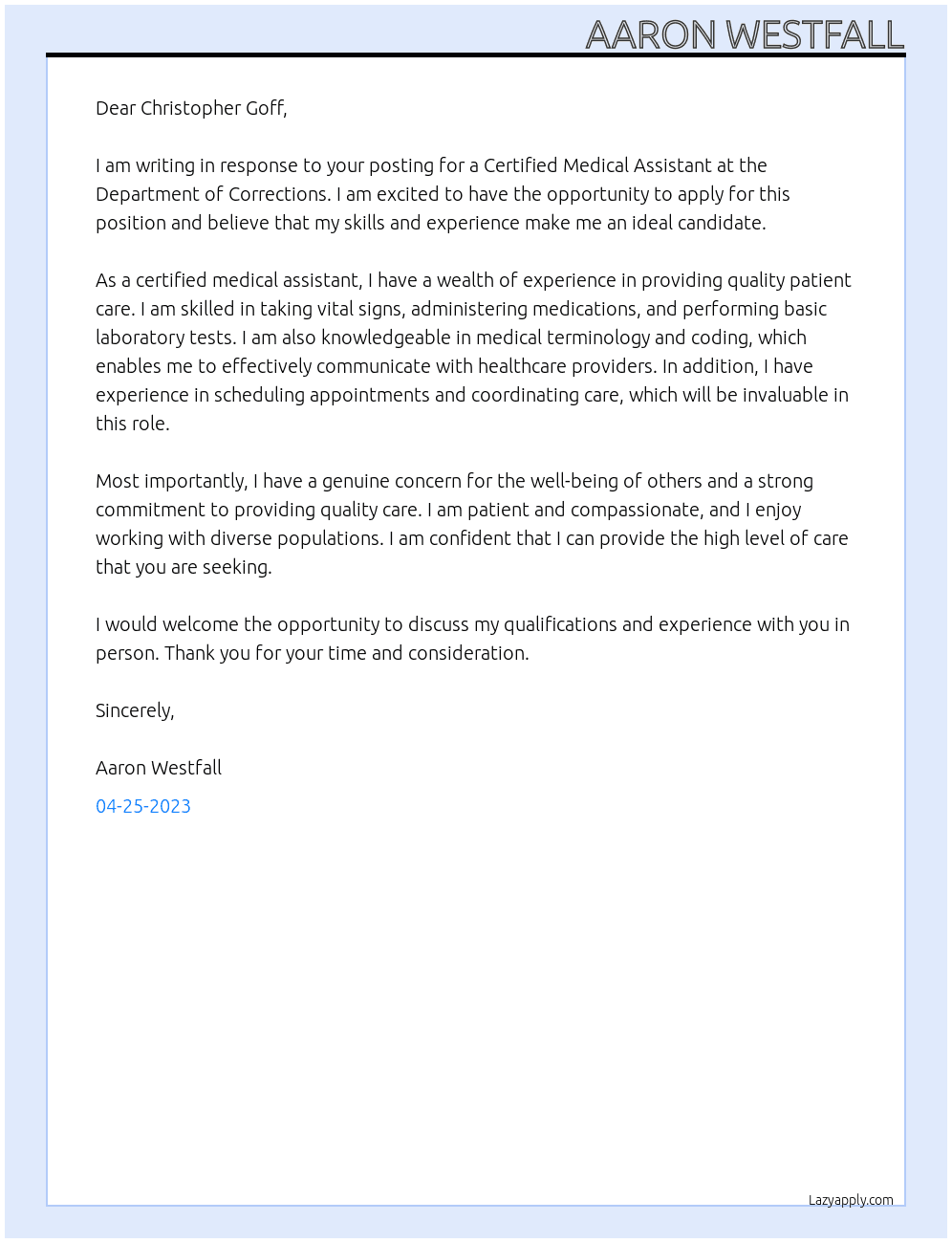 Certified Medical Assistant  At Department of Corrections Cover Letter
