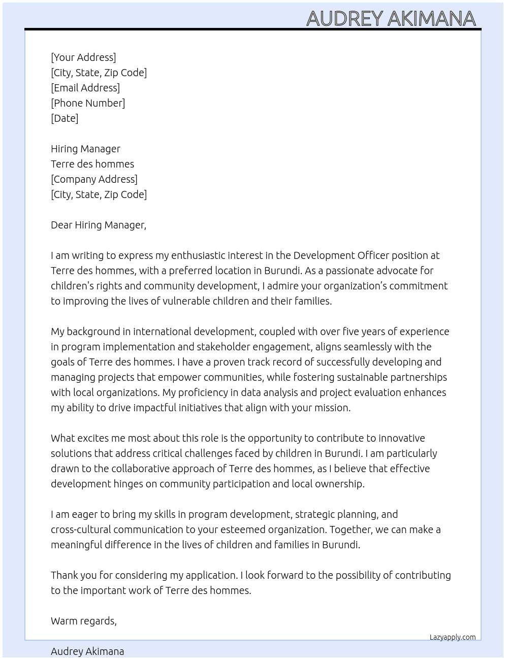 Development Officer  At Terre des hommes  Cover Letter