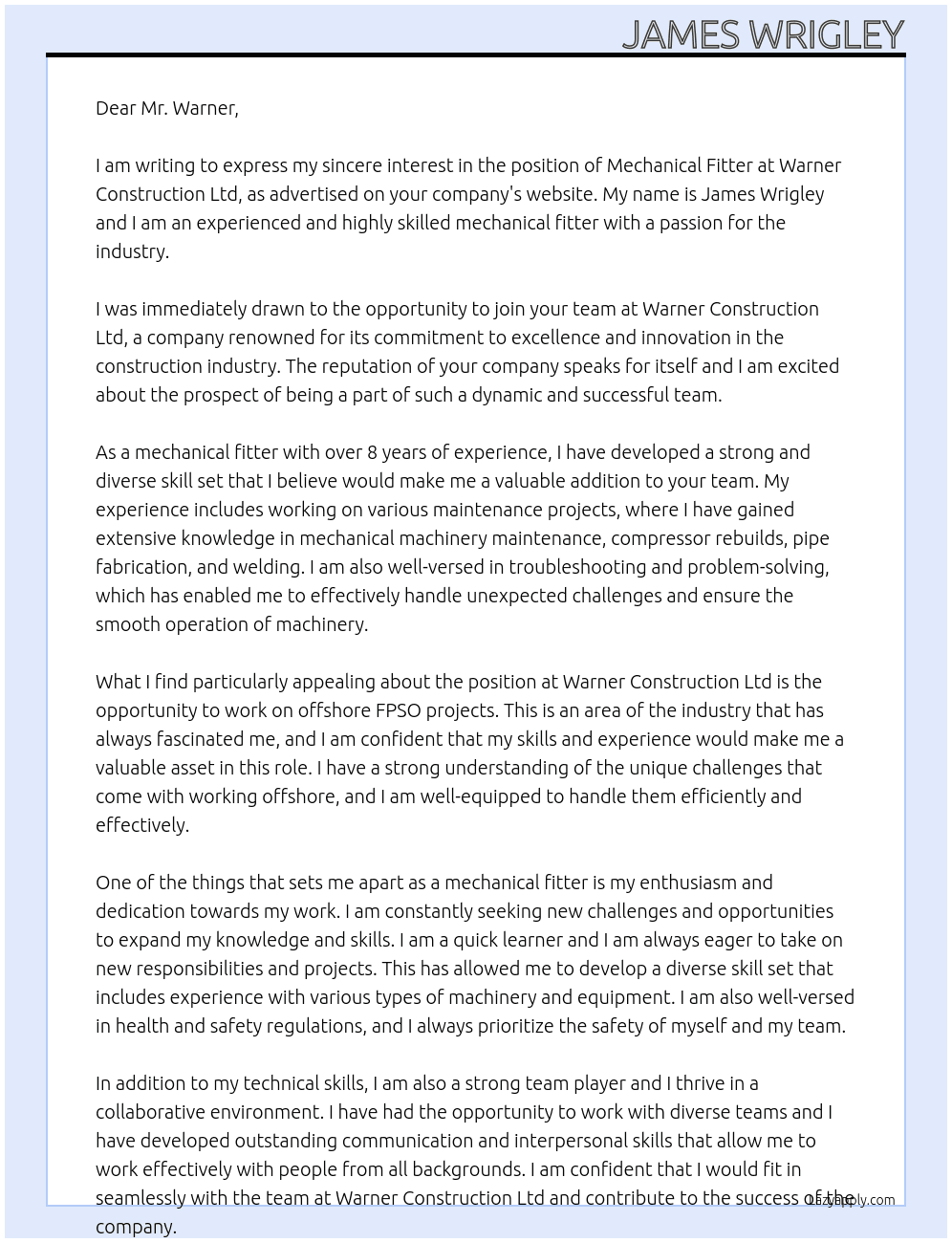 Mechanical Fitter  At Warner Construction Ltd Cover Letter