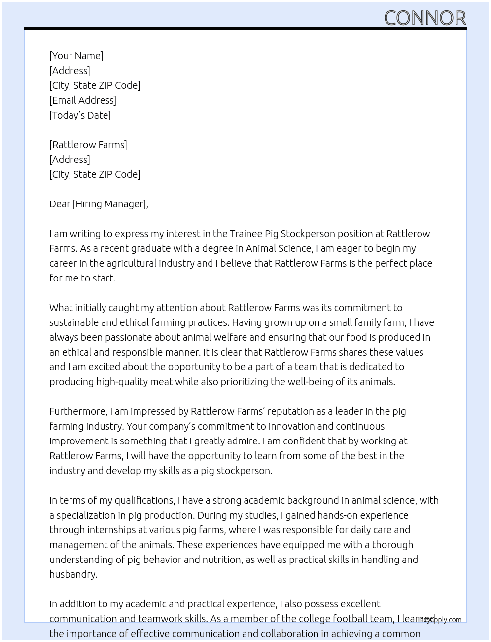 trainee pig stockperson At Rattlerow Farms  Cover Letter