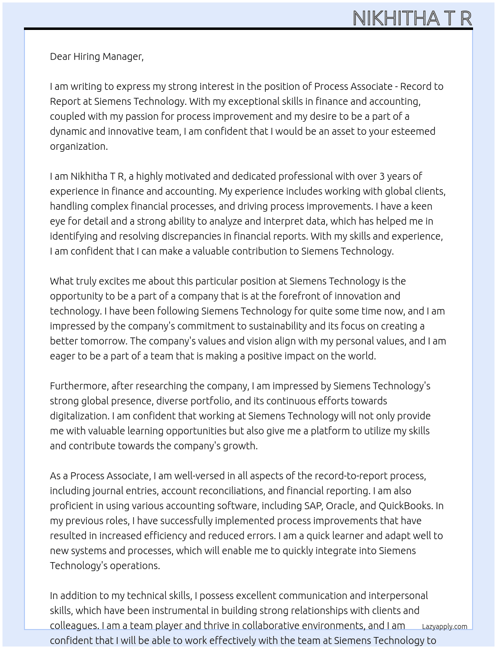 Process Associate - Record to Report At Siemens Technology  Cover Letter