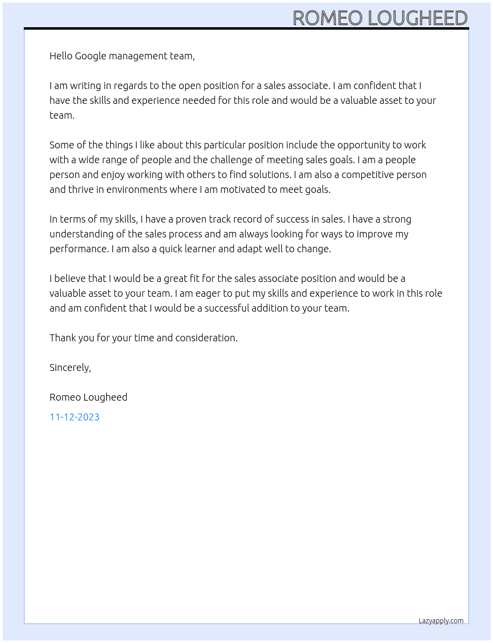Sale associate At Google Cover Letter