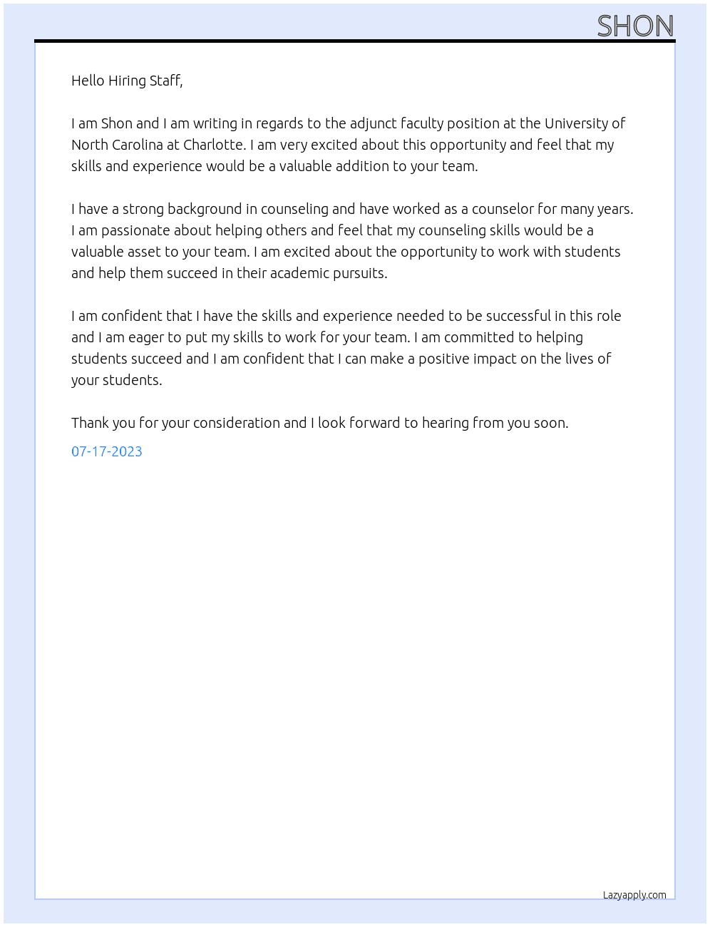 Adjunct Faculty At University of North Carolina at Charlotte  Cover Letter