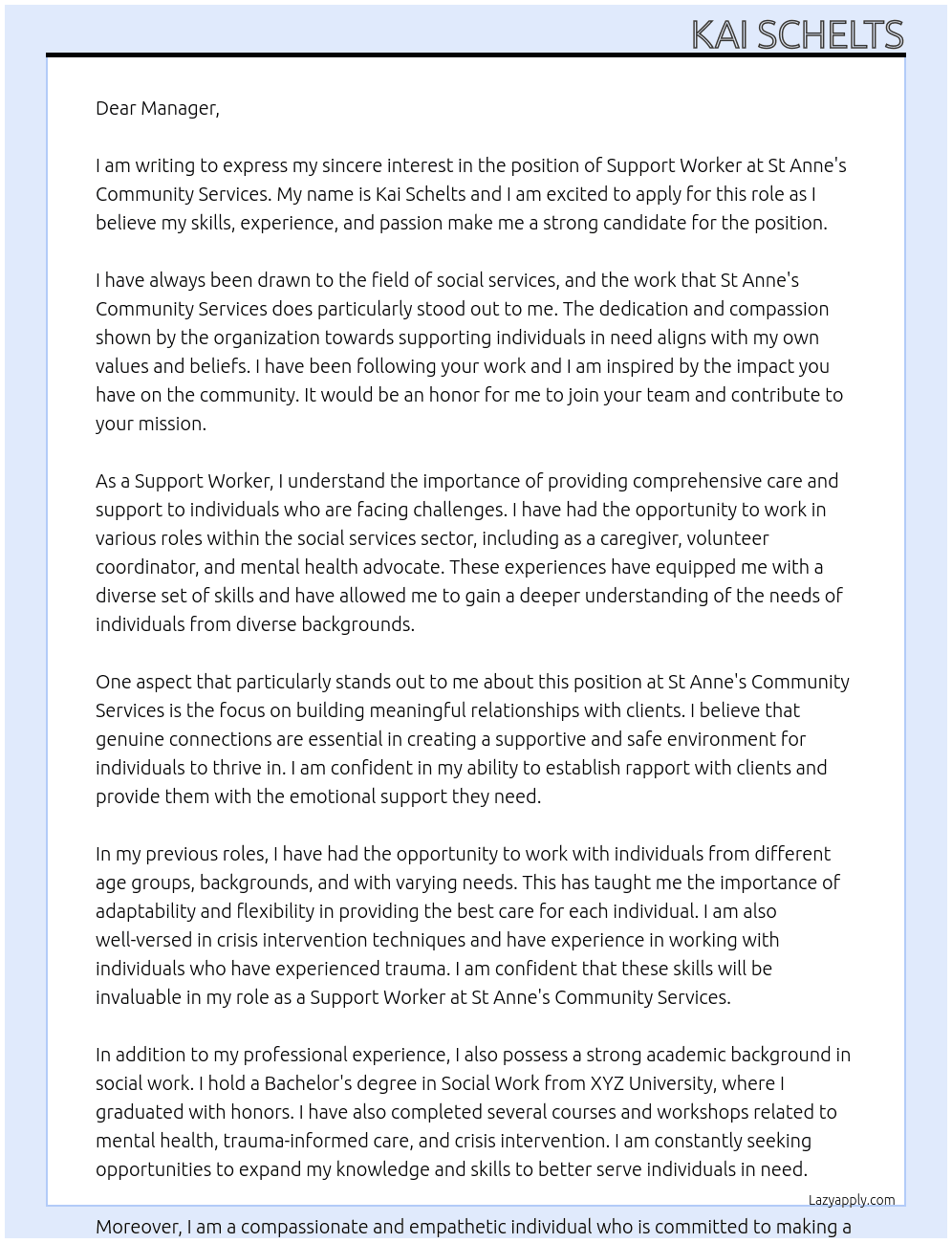  Support Worker  At St Anne's Community Services Cover Letter