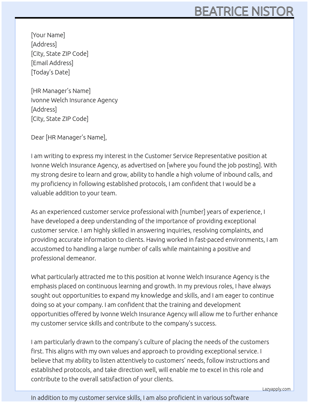 Customer Service Representatives At Ivonne Welch Insurance Agency Cover Letter