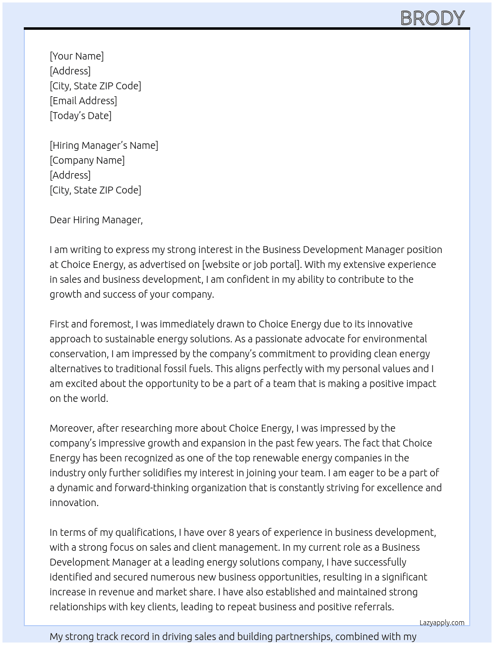 Business development manager At Choice Energy Cover Letter