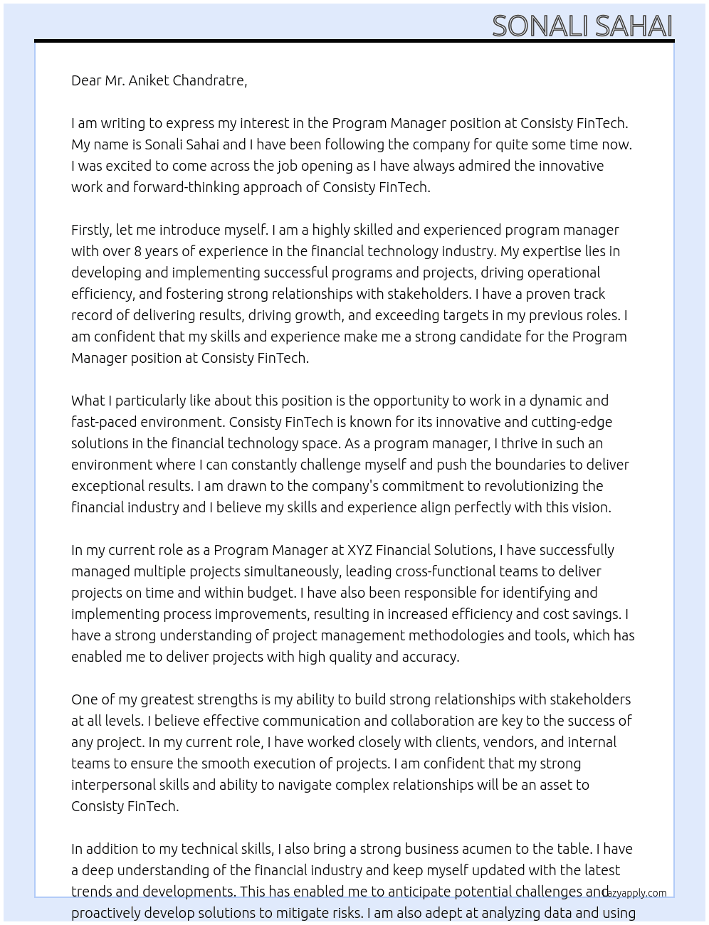 Program Manager At Consisty FinTech Cover Letter