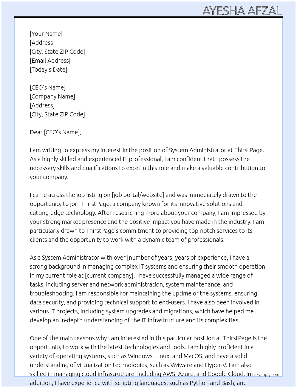 System administrator  At ThirstPage  Cover Letter