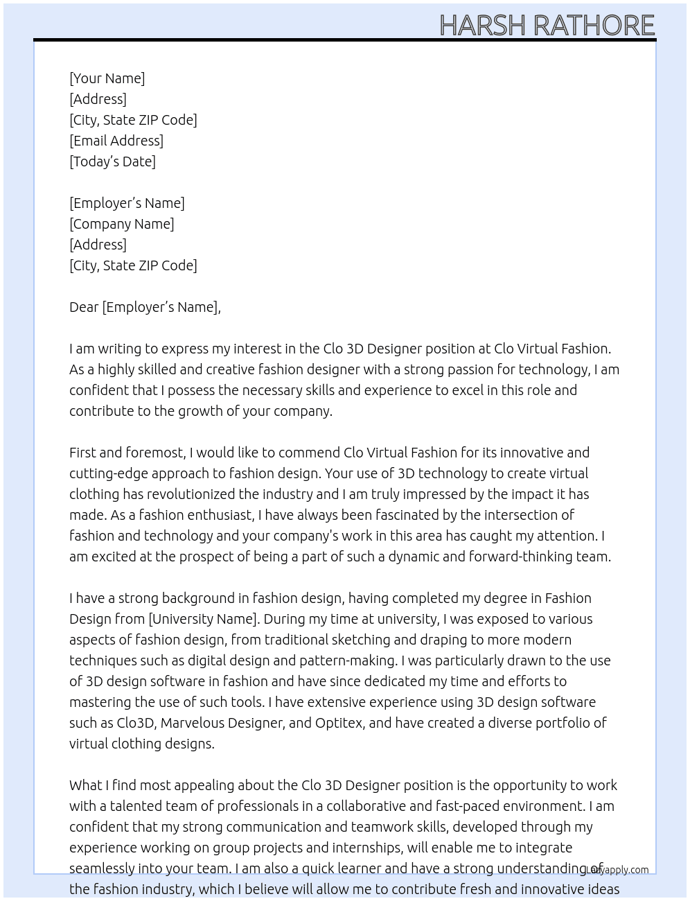 Clo 3D Designer At Clo Virtual Fashion Cover Letter