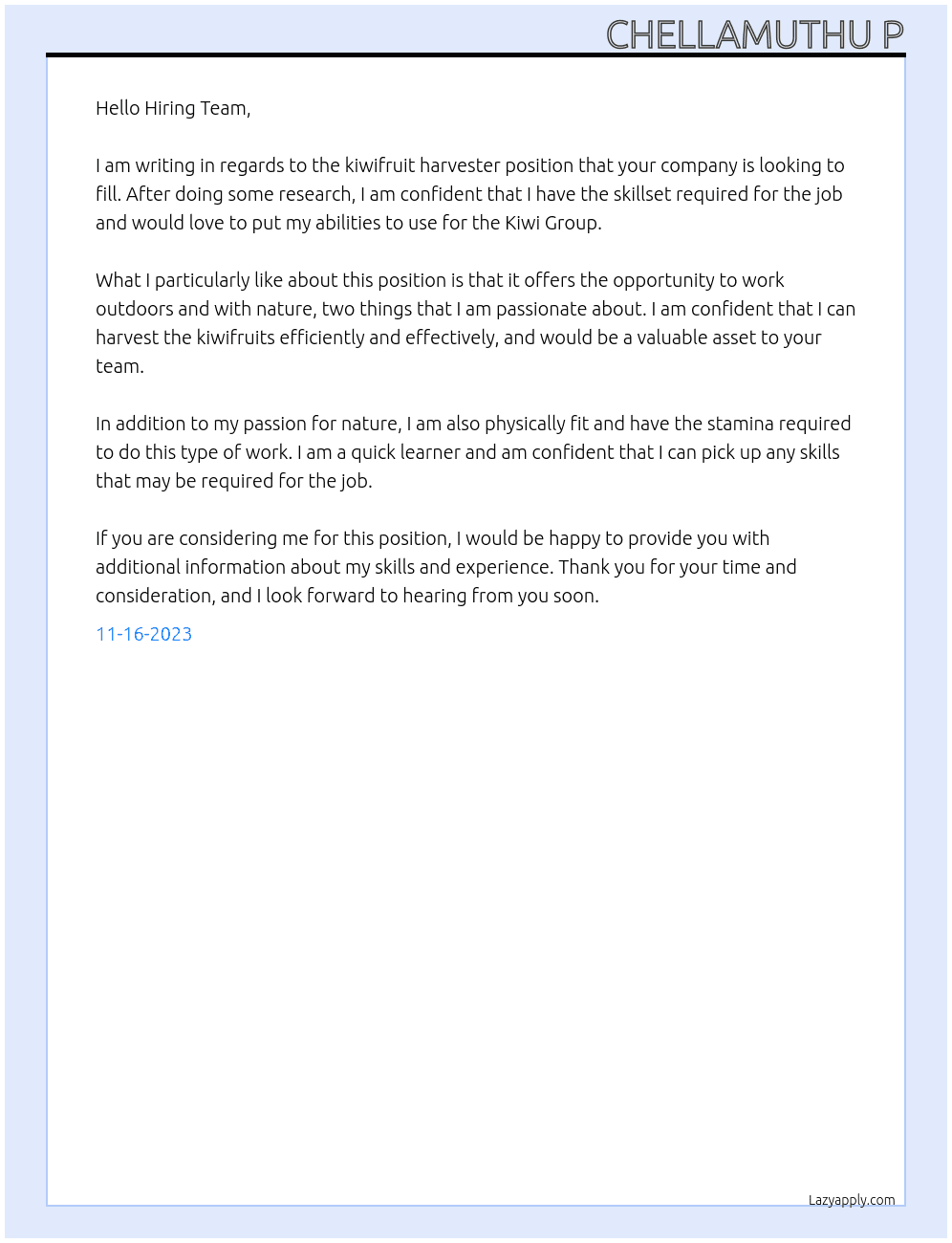 KIWIFURIT HARVETER At KIWI GROUP Cover Letter