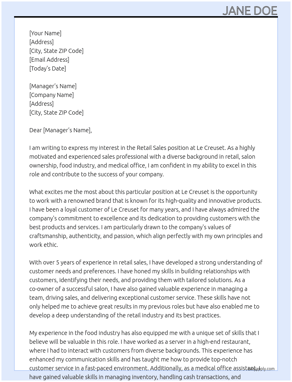 Retail Sales At Le Creuset Cover Letter