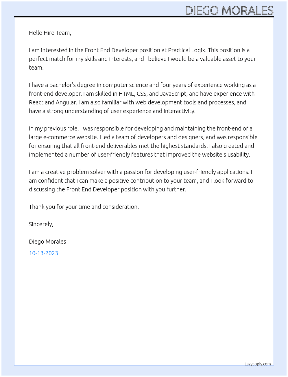 Front End Developer At Practical Logix Cover Letter