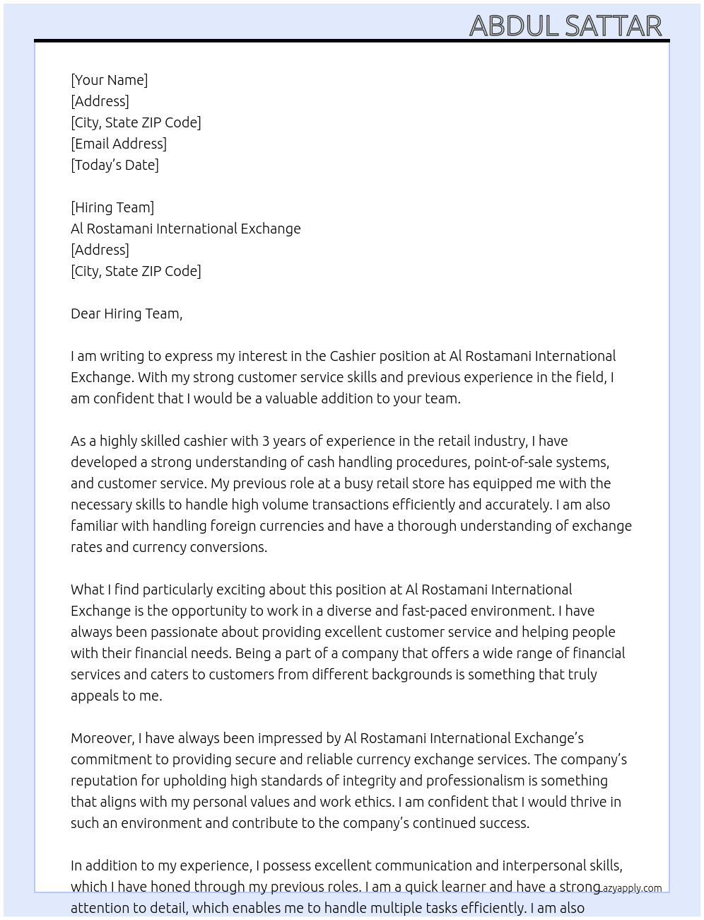 Cashier  At Al Rostamani international exchange  Cover Letter