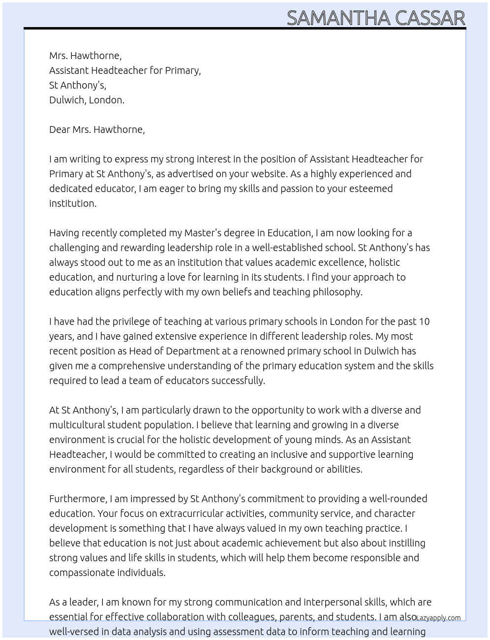 Assistant Headteacher for Primary At St Anthony's Cover Letter