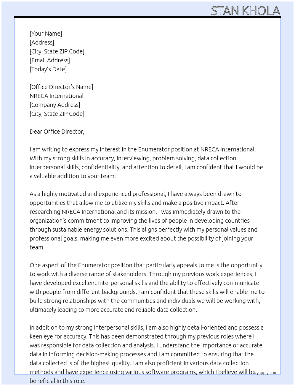 Enumerator At NRECA International Cover Letter