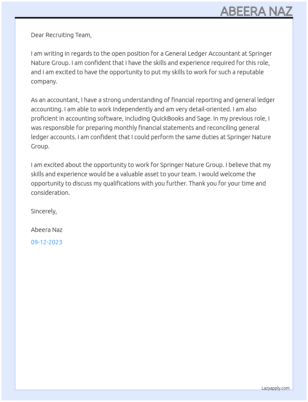 General Ledger Accountant At Springer Nature Group Cover Letter
