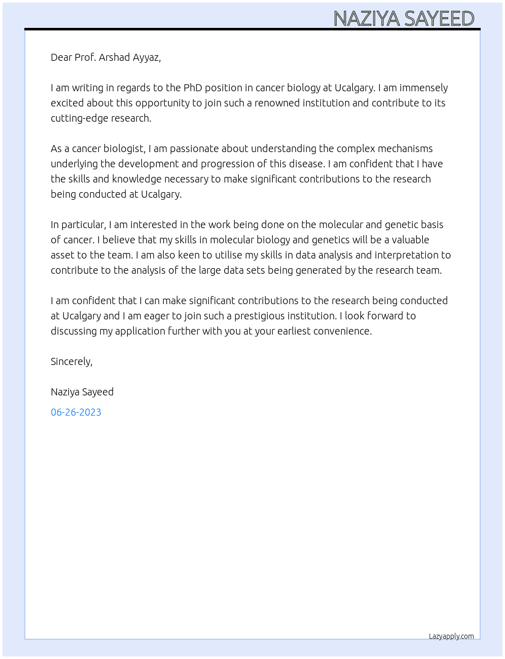 PhD in cancer biology  At Ucalgary  Cover Letter