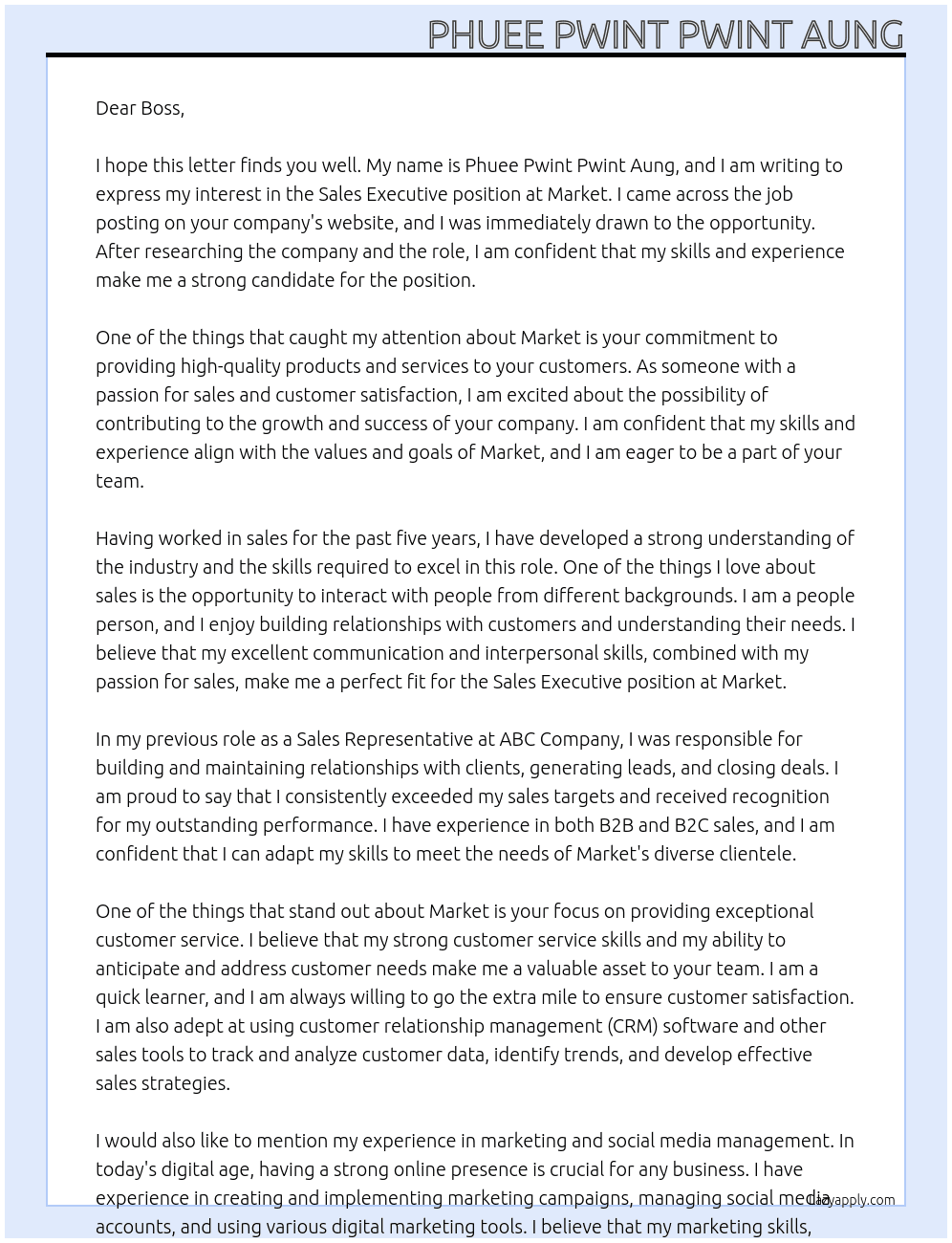 Sale executive At market Cover Letter