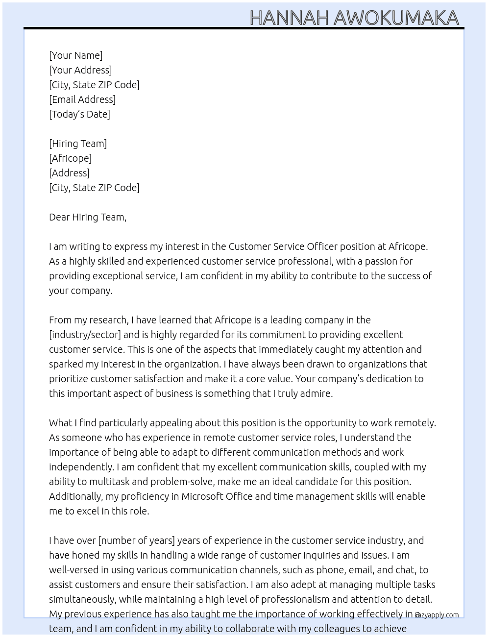 Customer Service Officer At Africope Cover Letter