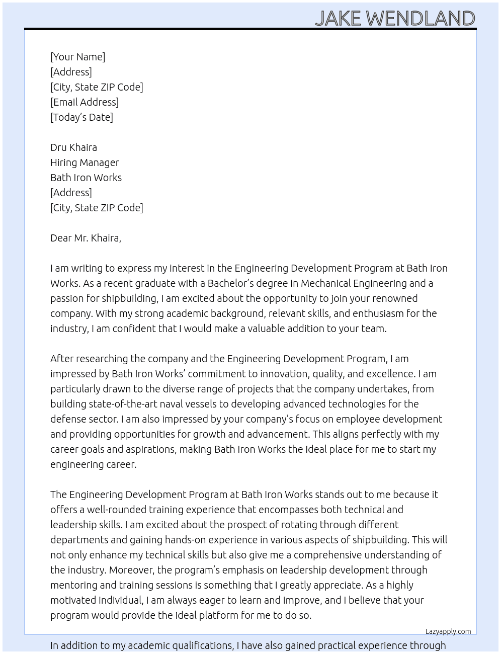 Engineering Development Program At Bath Iron Works Cover Letter