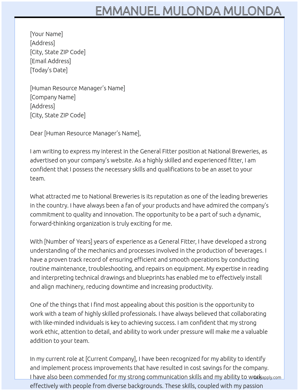 Cover letter for general fitter - LazyApply