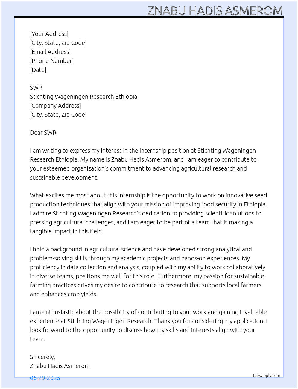 Cover letter for intern at seed company - LazyApply