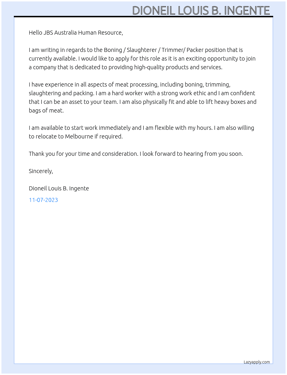 Boning / Slaughterer / Trimmer/ Packer At JBS Australia  Cover Letter