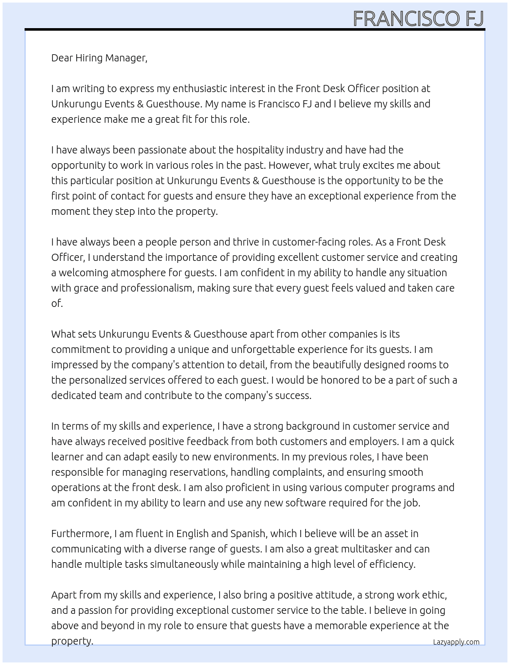 Front Desk Officer At Unkurungu Events & Guesthouse Cover Letter