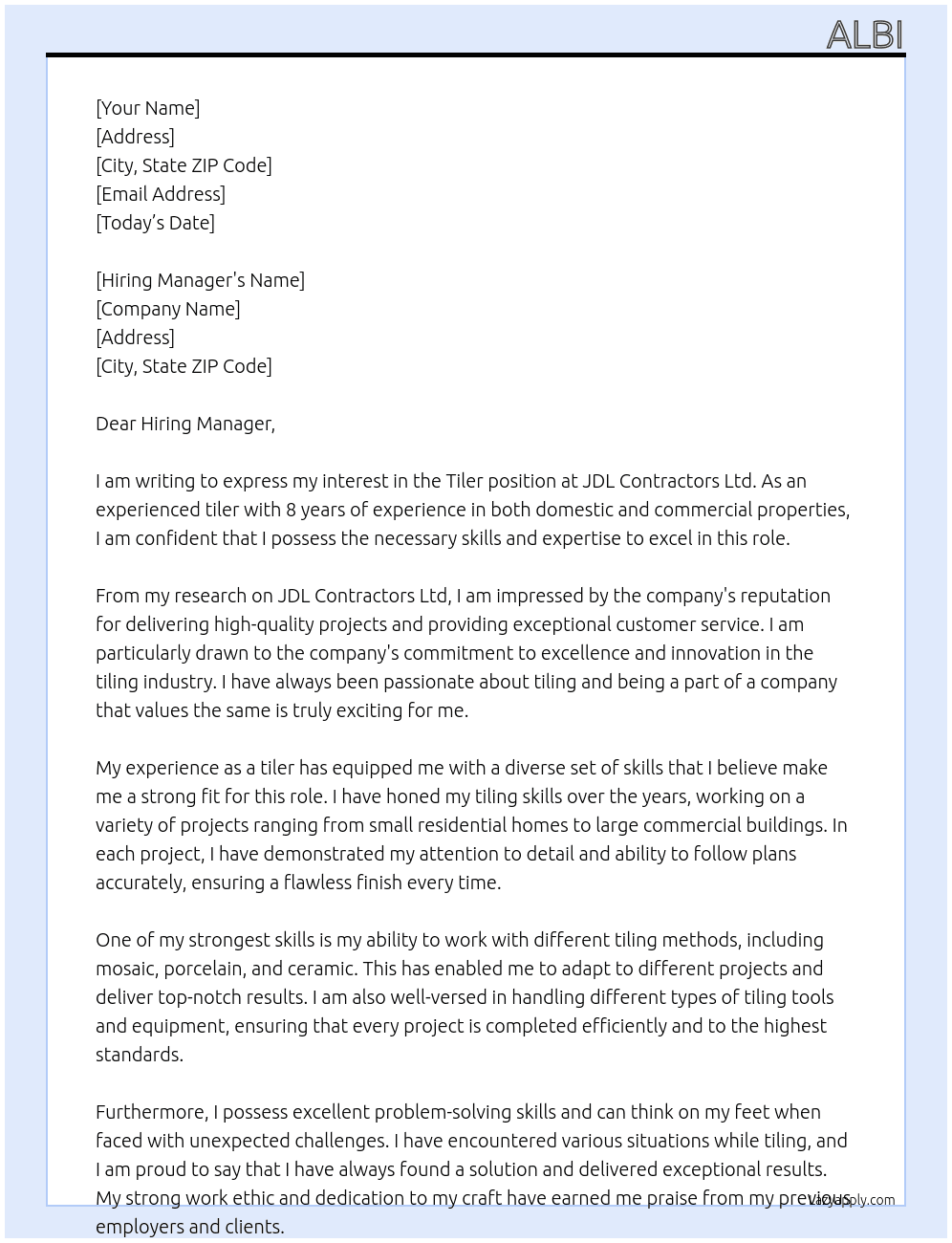 Tiler At JDL Contractors ltd Cover Letter