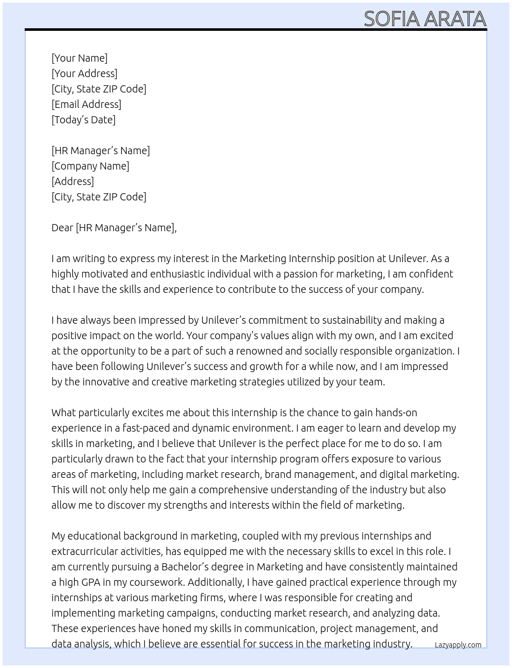 Marketing internship At Unilever  Cover Letter