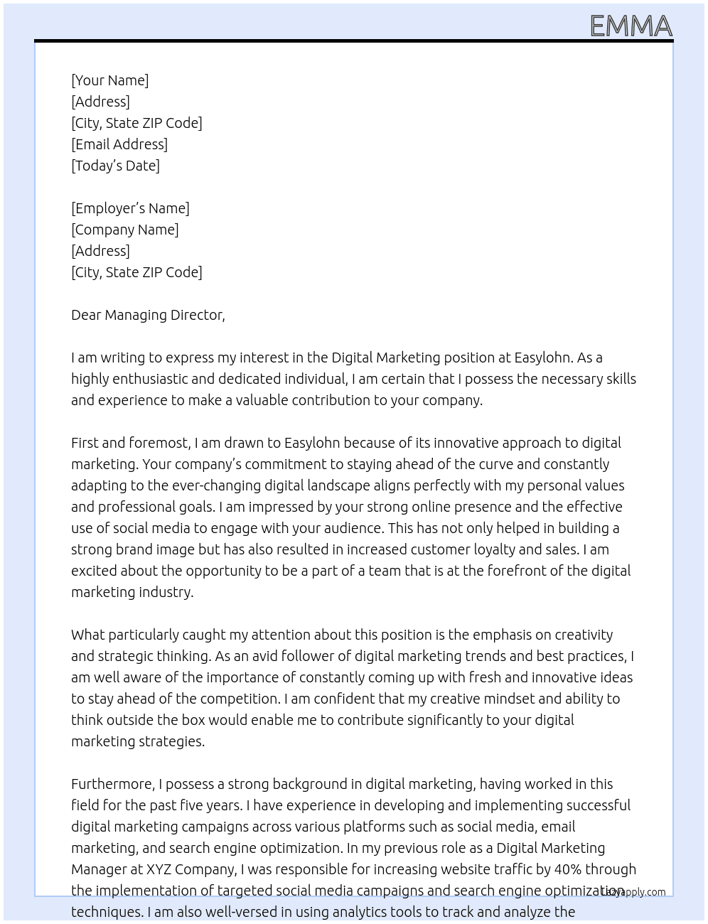 Digital Marketing  At Easylohn Cover Letter