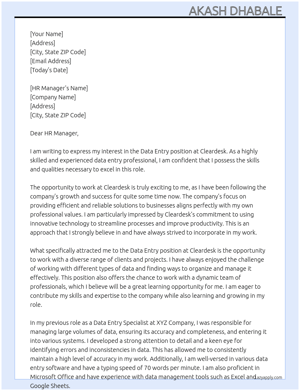 Data entry  At Cleardesk Cover Letter