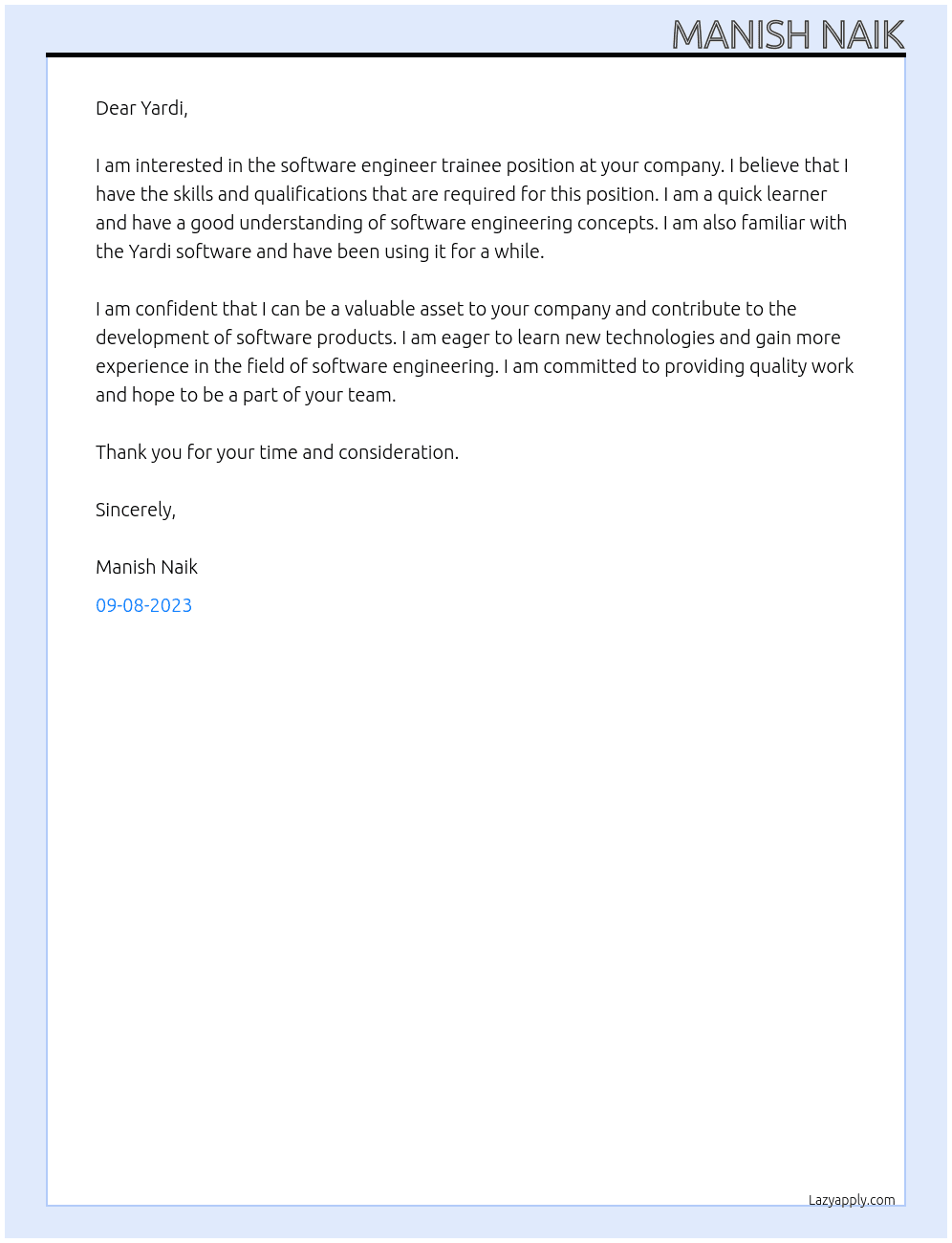 Software engineer trainy At Yardi Cover Letter