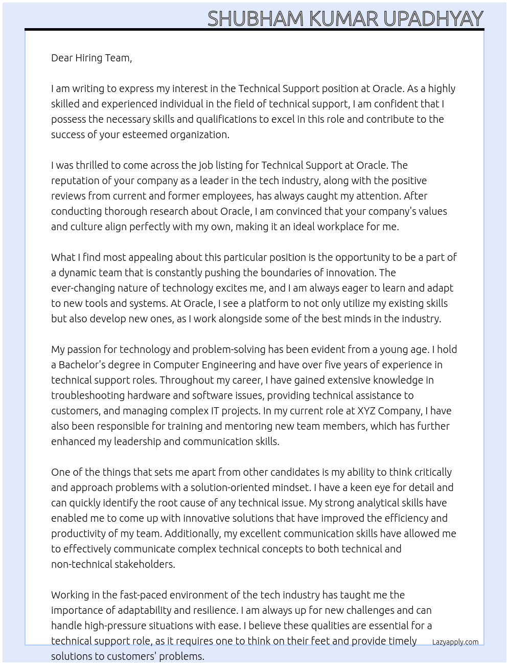 Technical support At Oracle Cover Letter
