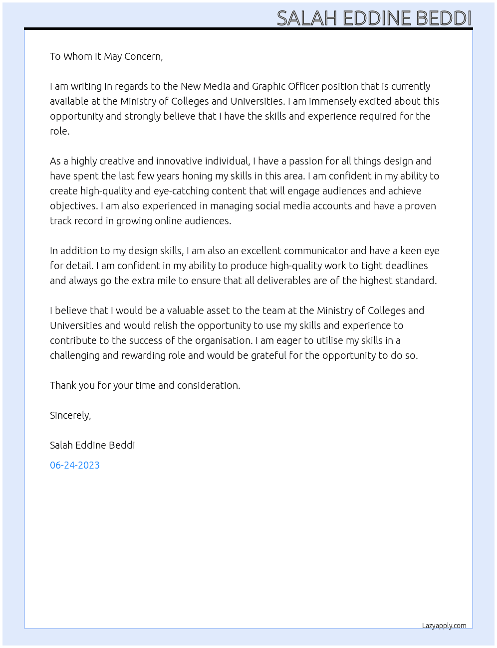 Amended - New Media and Graphic Officer At Ministry of Colleges and Universities Cover Letter
