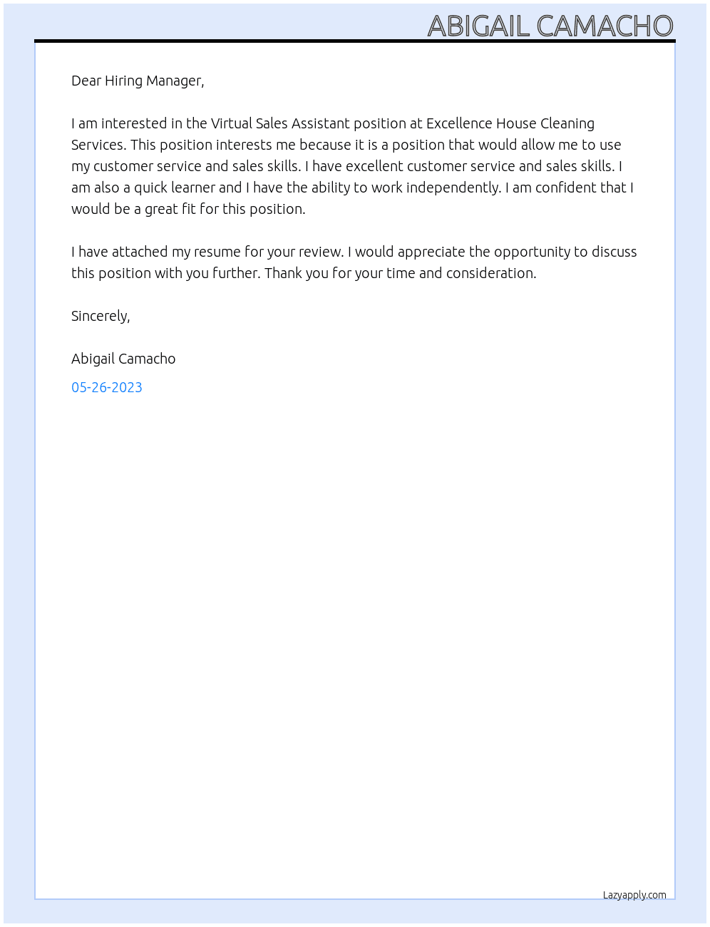 Virtual Sales Assistant At Excellence House Cleaning Services Cover Letter