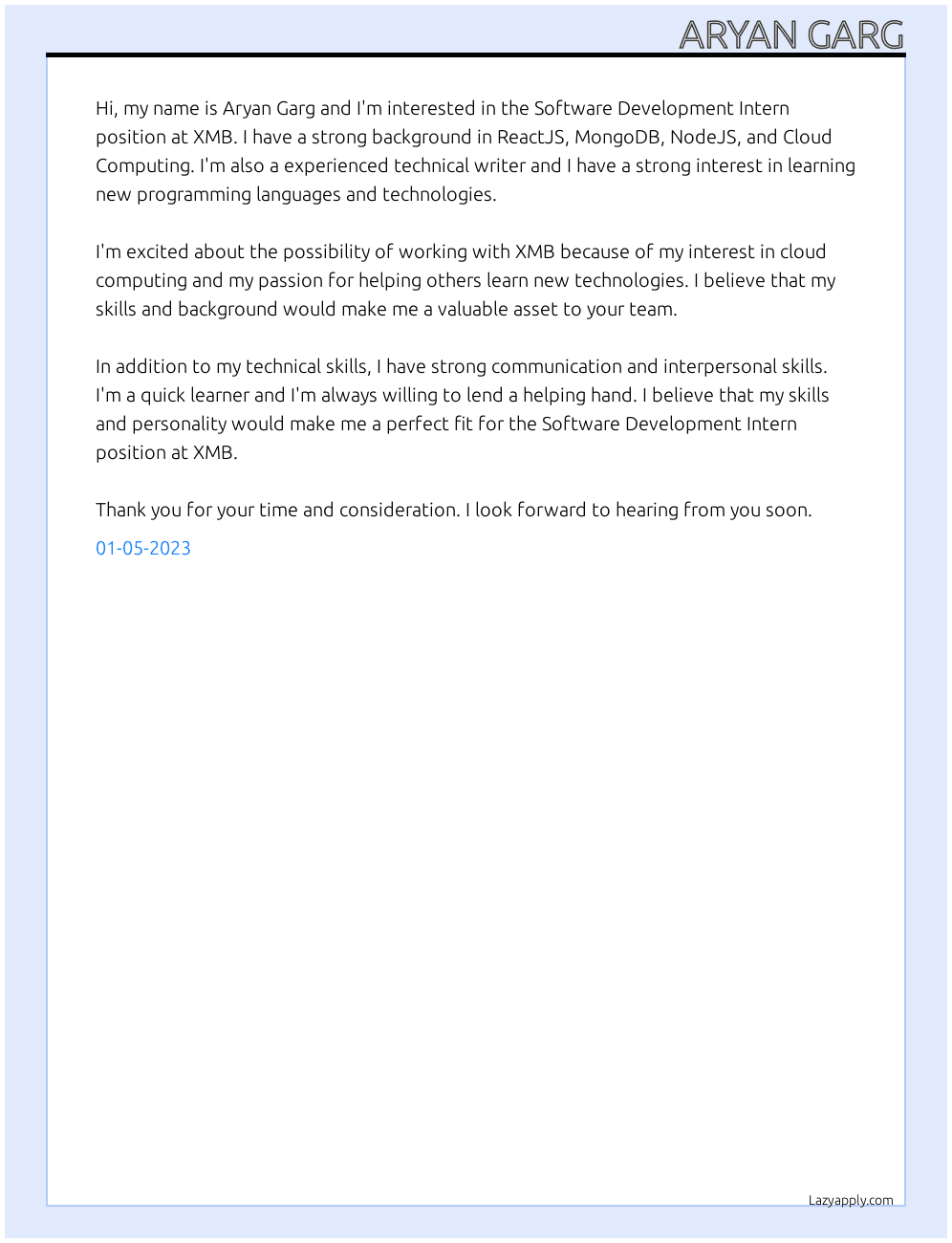 Software Development Intern At XMB Cover Letter