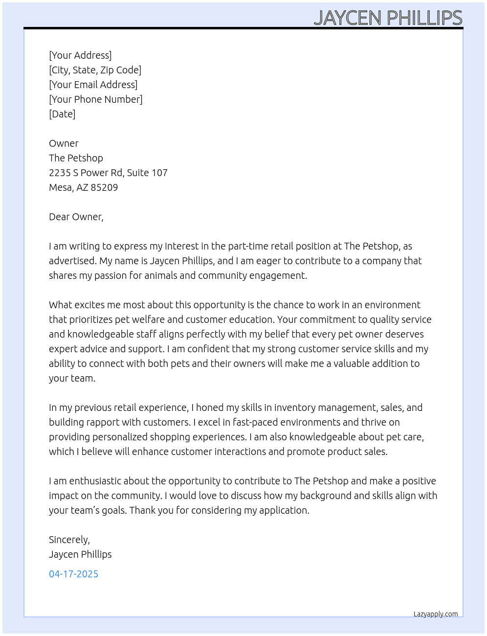 Retail At The Petshop Cover Letter