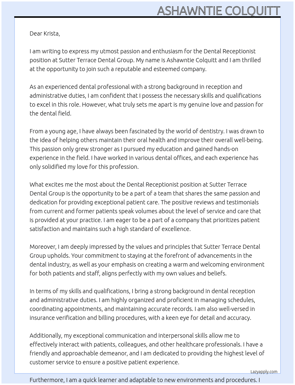 Dental Receptionist  At Sutter Terrace Dental Group Cover Letter