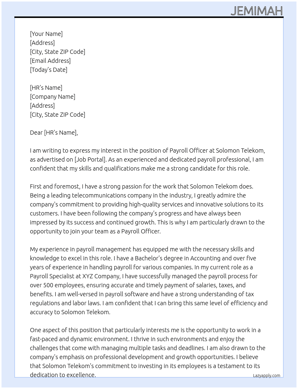 payrol officer At Solomon Telekom Cover Letter