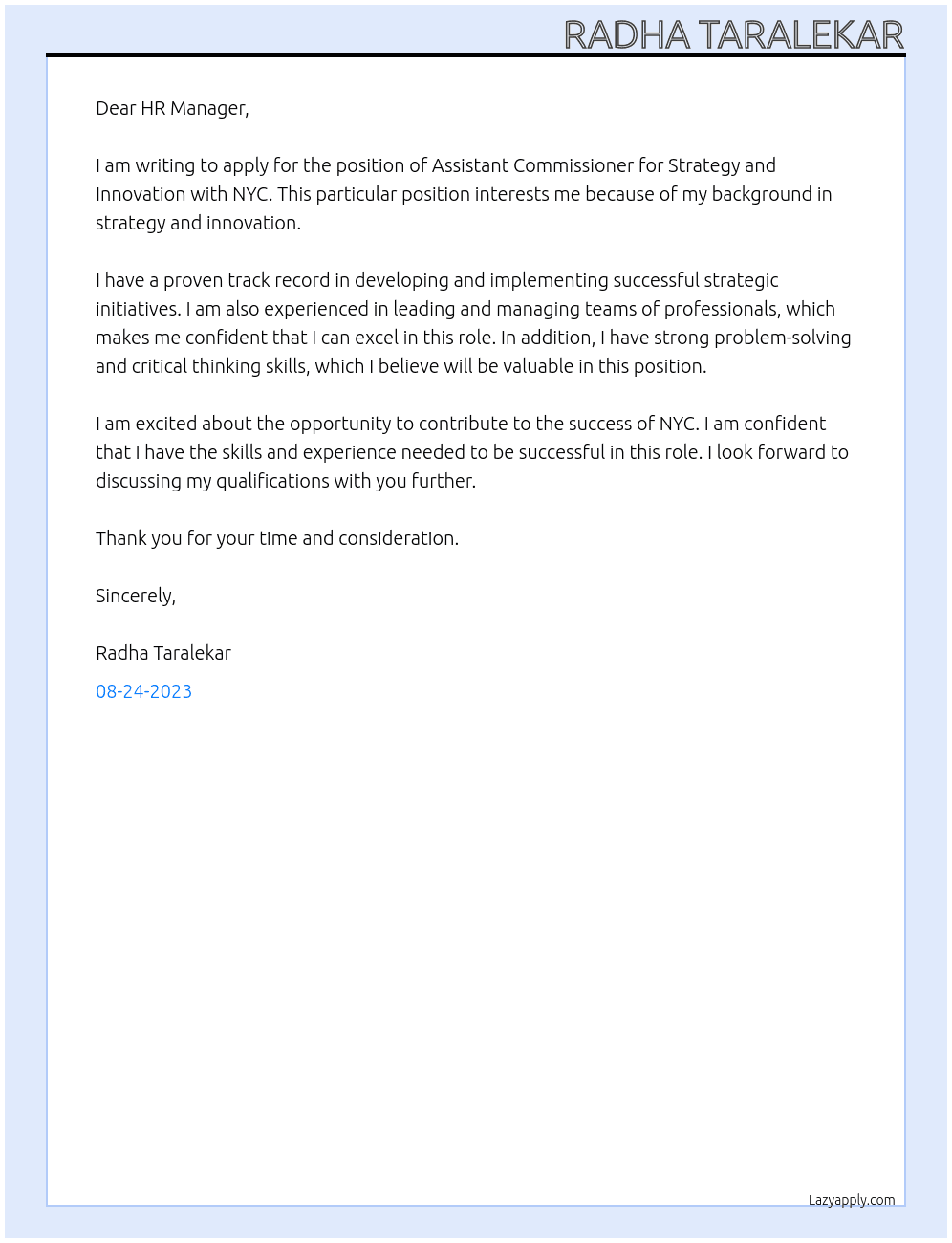 Assistant Commissioner for Strategy and Innovation At NYC Cover Letter