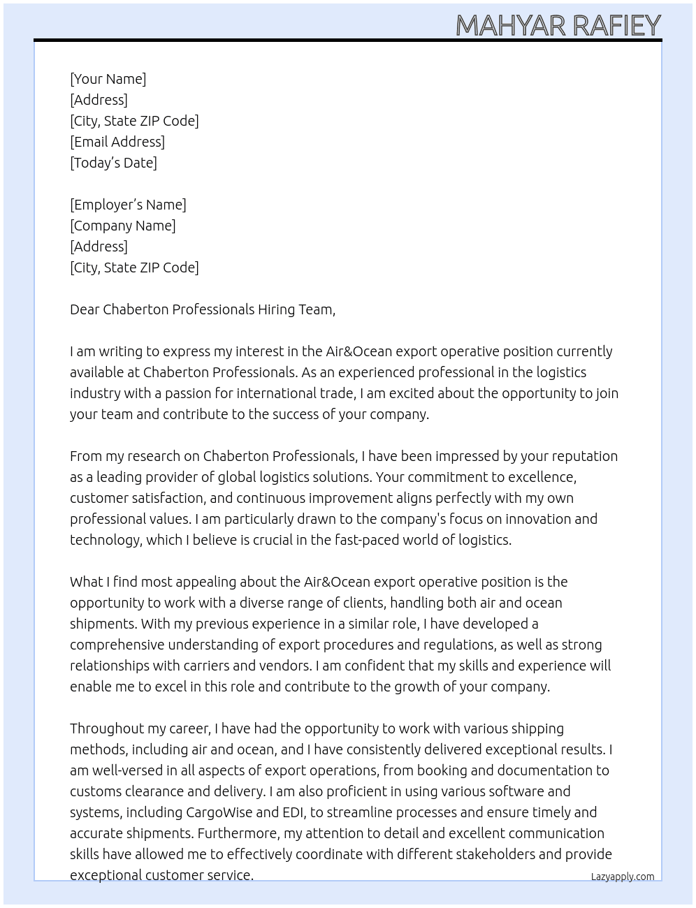 Air&Ocean export operative At Chaberton Professionals Cover Letter