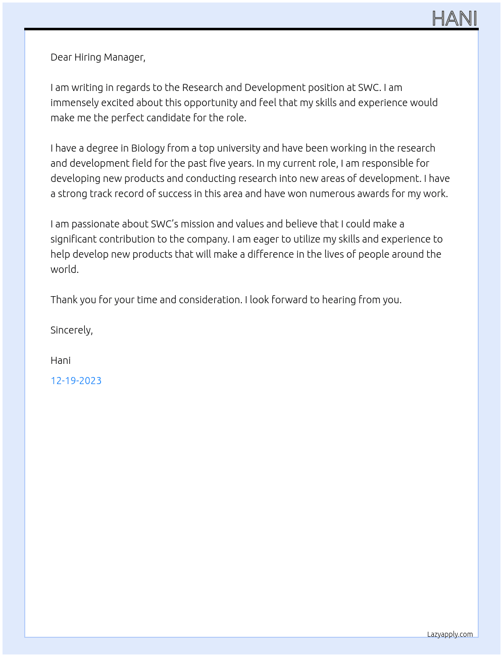 Research and Development  At SWC Cover Letter