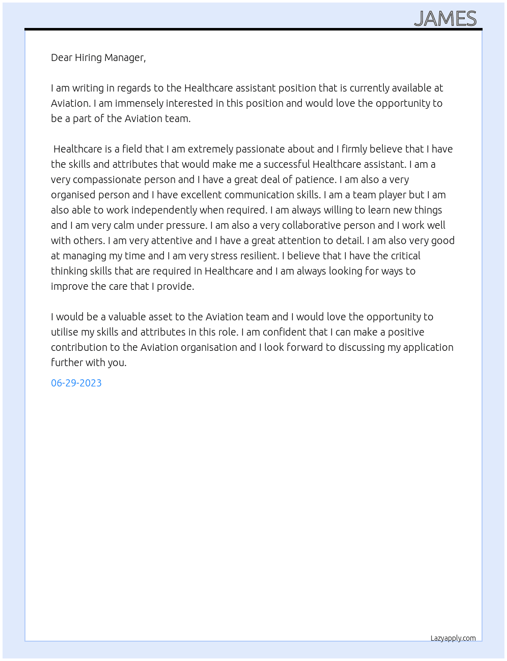 Healthcare assistant  At Aviation  Cover Letter