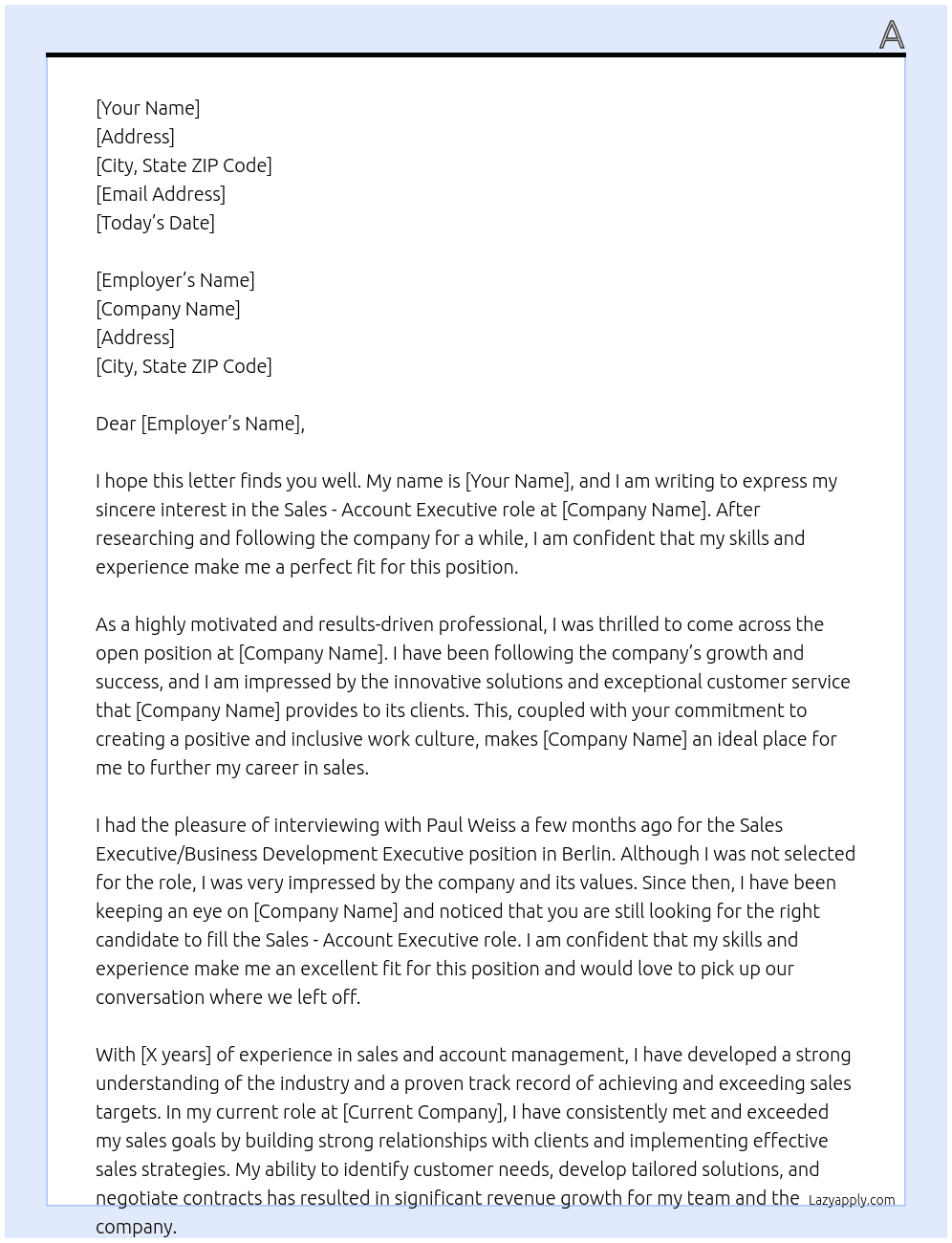 Cover letter for sales account executive - LazyApply