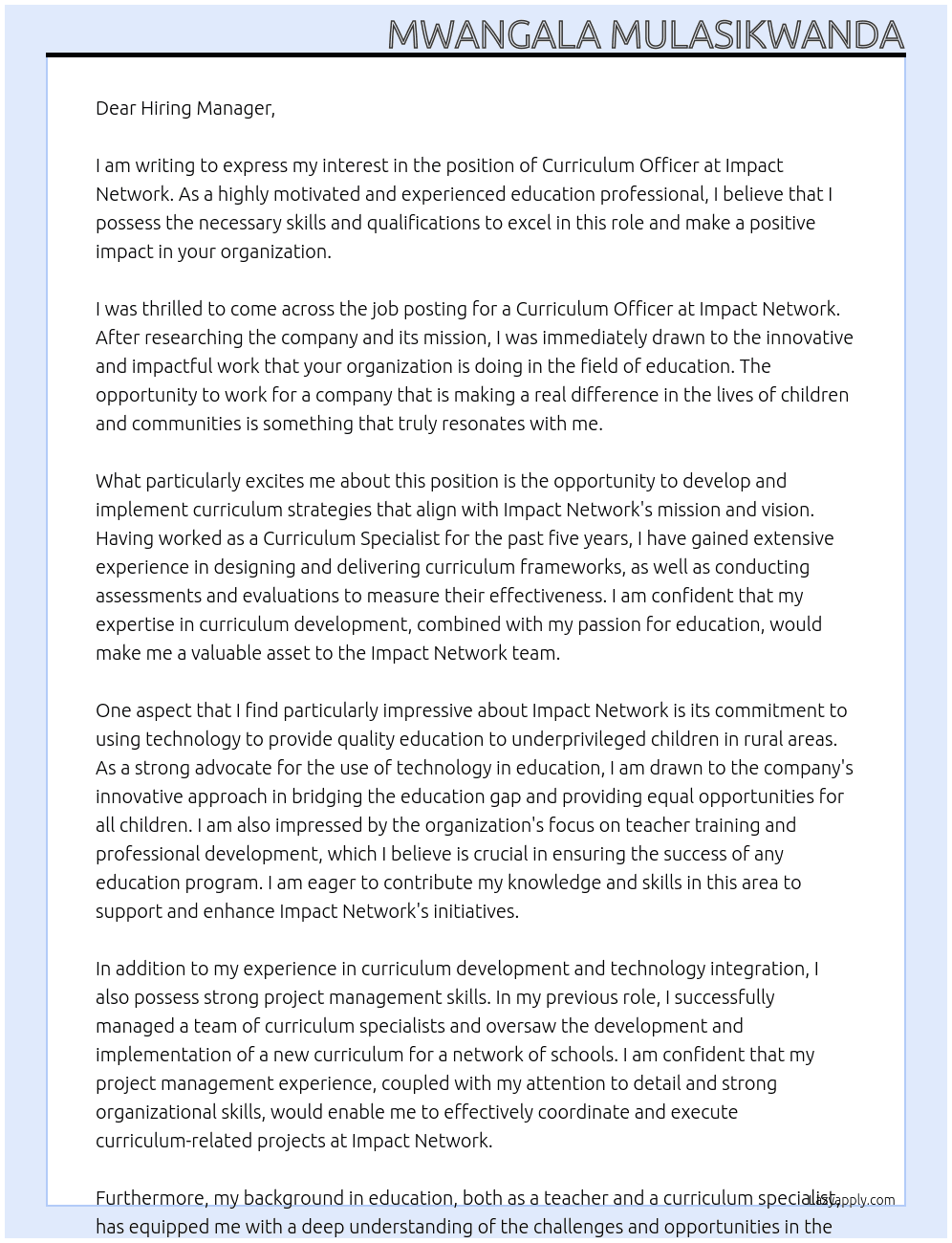 Curriculum officer At Impact network  Cover Letter