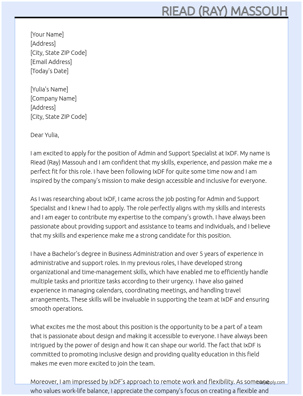 Admin and Support Specialist At IxDF Cover Letter