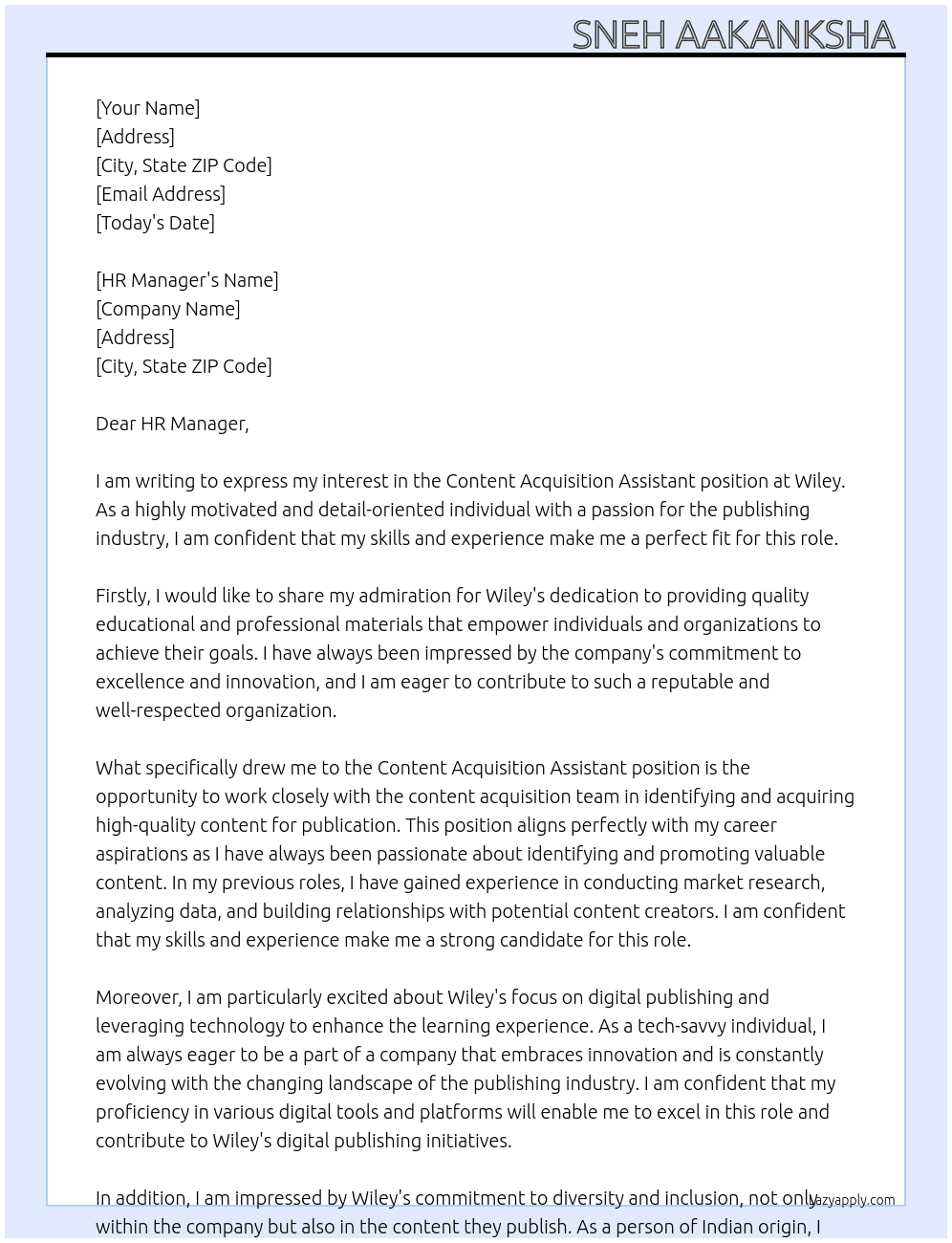 Content Acquisition Assistant  At Wiley Cover Letter