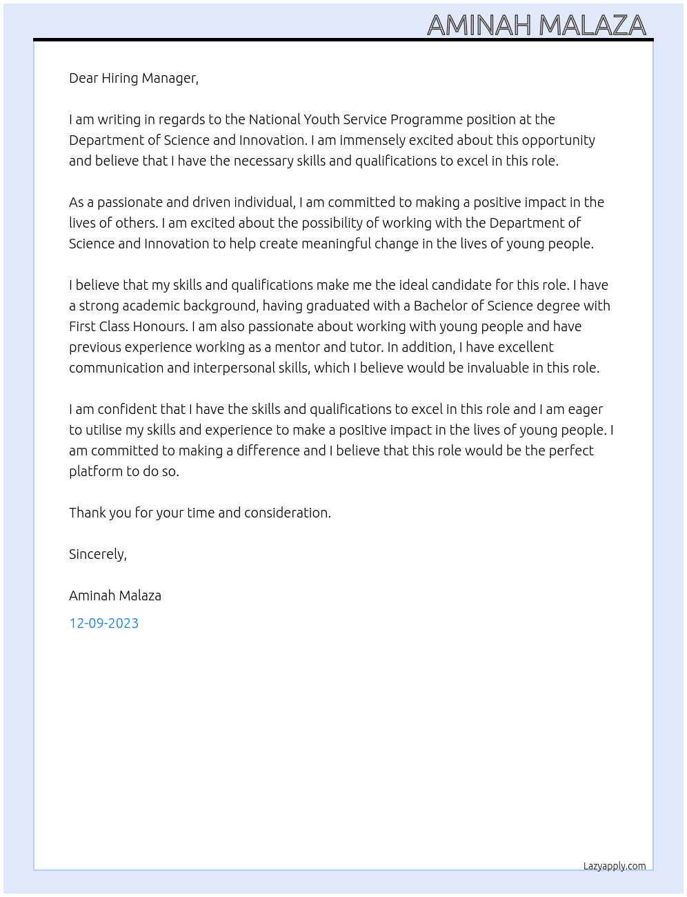 National Youth Service Programme At Department of Science and Innovation  Cover Letter