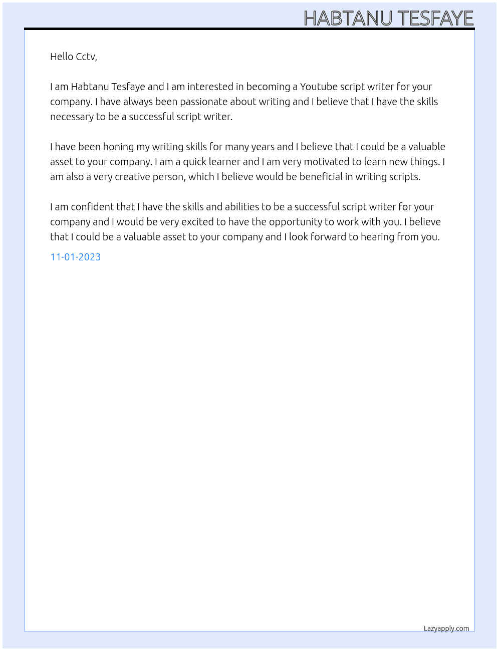 Youtube script writer  At Cctv Cover Letter